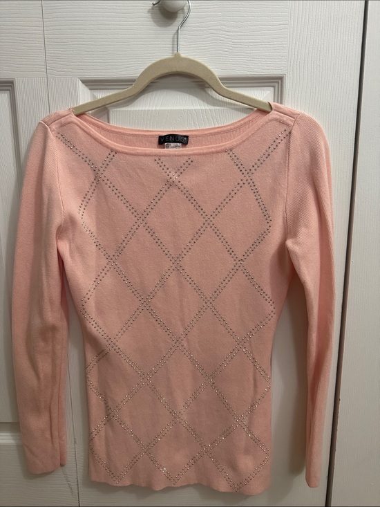 VENUS Sweaters - VENUS Light Pink Rhinestone Argyle Knit Boatneck Sweater Women size small